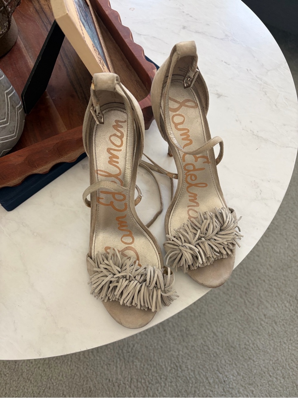Sam Edelman Beige Suede Fringe Ankle-Strap Heels